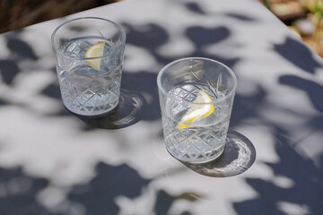 Sunlight filters through trees above two crystal glasses with lemon water placed on a minimalist outdoor table