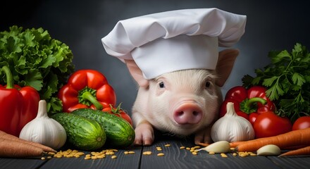 Pig in a chef's hat surrounded by vegetables.