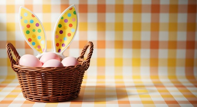 Easter basket with eggs and bunny ears on colorful background