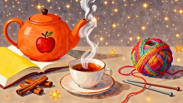 Tea cup with teapot and yarn