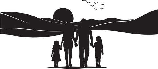 Vector illustration of a family going for a nature walk at sunset. © MdMufassel