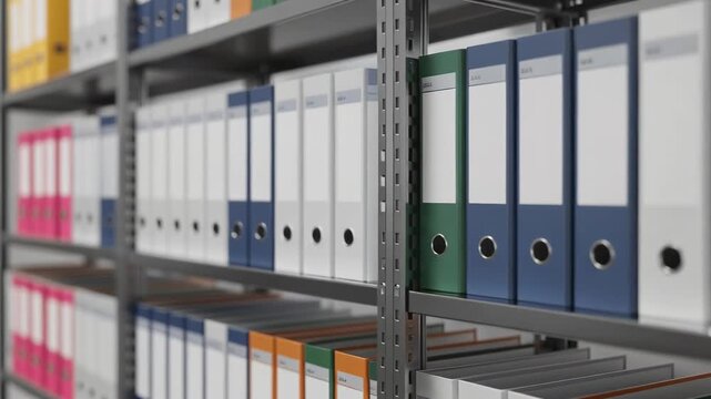 Office shelves filled with colorful file folders and binders for organized document storage