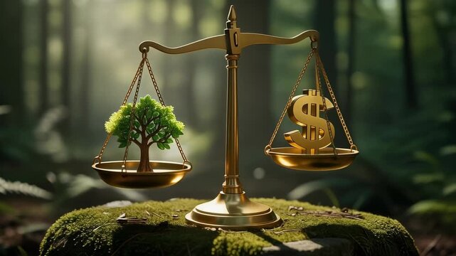 Golden balance scale comparing environmental sustainability and financial value in a forest setting