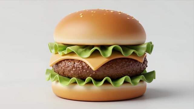 Realistic 3d Rendered Cheeseburger With Lettuce And Beef Patty Rotating Slowly Against Clean White Background