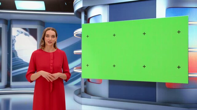 Female TV Anchorwoman Presents Live News Beside Green Screen Chroma Key Display With Tracking Markers. Cable Channel Television Newsroom Studio Mockup for Screen Replacement Content, Network Playback