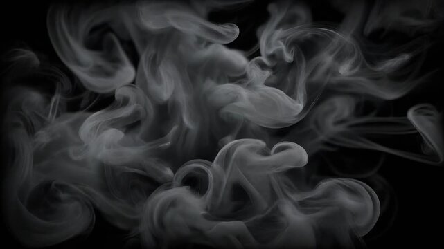 Abstract swirling white smoke patterns on black background with soft flowing shapes and curls