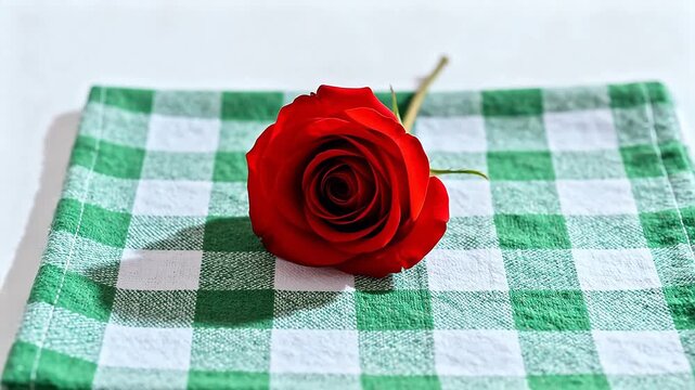 Red rose on checkered cloth