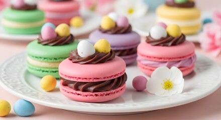 Fototapeta premium Colorful easter macarons with chocolate and candy decorations