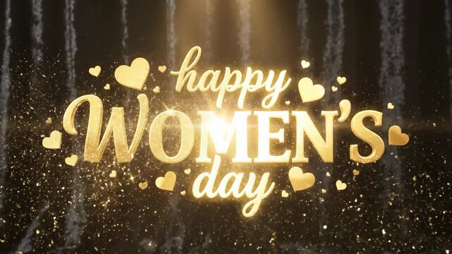 Golden happy Women's Day text with glitter and hearts