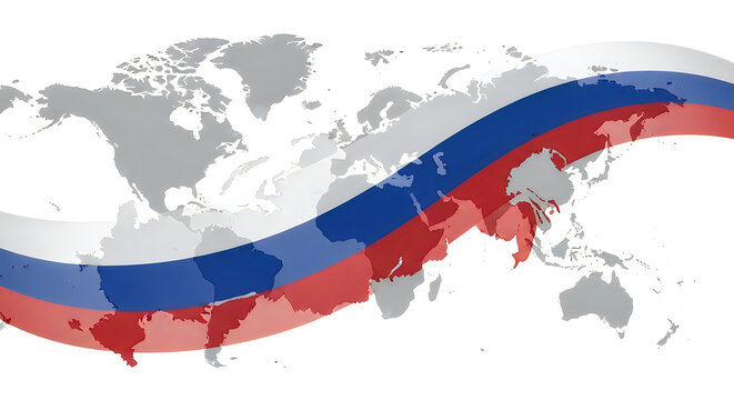 A Russian flag wrapped around a world map