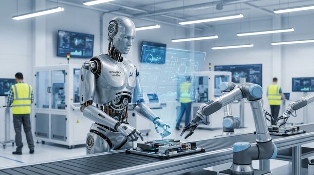 Humanoid robot and robotic arms efficiently operate on a futuristic production line, demonstrating advanced manufacturing, artificial intelligence, and industrial automation