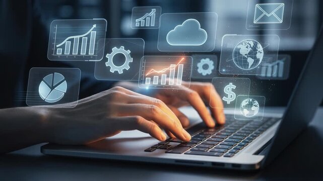 Business person typing on laptop with digital financial analytics and cloud computing icons