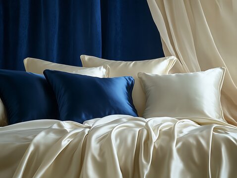 Elegant Arrangement of Cushions on Bedding with Soft Lighting and Textural Contrast