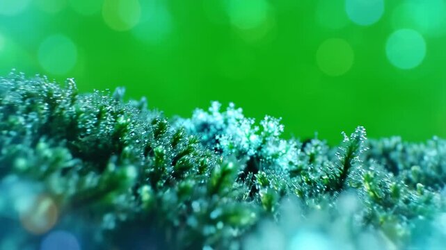 Close-up of vibrant green moss with a bright green background.