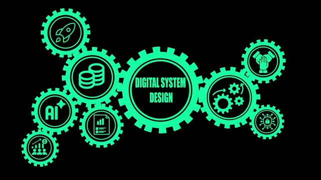 Vibrant teal digital system gears with for AI rocket coins charts teamwork and automation on black background Keywords: technology, digital, system, gears
