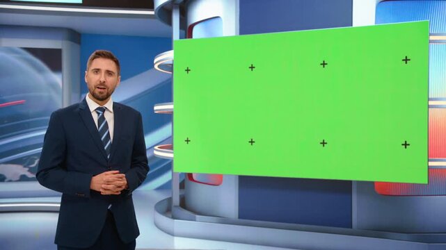 Talk Show TV Program: Male Presenter Standing in Studio, Uses Big Green Chroma Key Screen. News Achor, Presenter Talks About News, Weather, Sport, Analysis. Playback Mock-up Cable Channel.