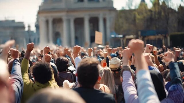 A large crowd of people raising their fists in a display of unity and protest. In the background is a building with columns and many architectural features.