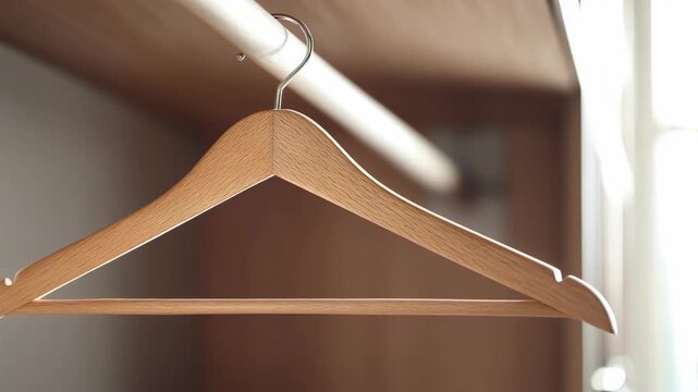 Wooden Hanger Inside A Closet. A close-up shot of a wooden clothes hanger hanging inside an empty closet