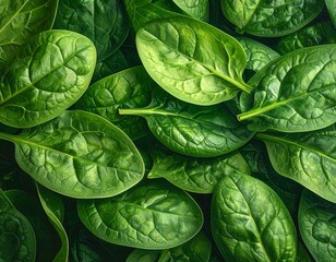 Close-up view of vibrant green spinach leaves with a textured surface, showcasing their natural beauty against a dark background.