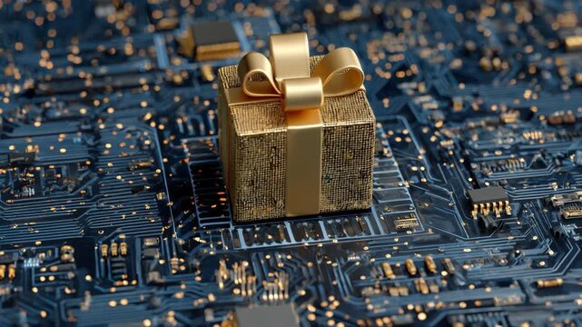 A golden gift box placed on a microchip, symbolizing technology and data, as well as digital goods and gifts