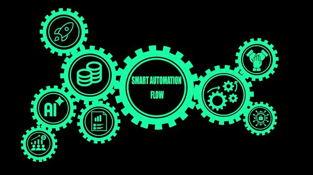 Vibrant teal smart automation flow gears with for AI rocket coins charts teamwork and process on black background Keywords: technology, automation, smart