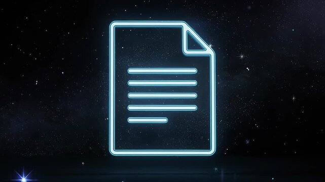 Glowing neon document icon floating in dark starry space background with futuristic technology concept