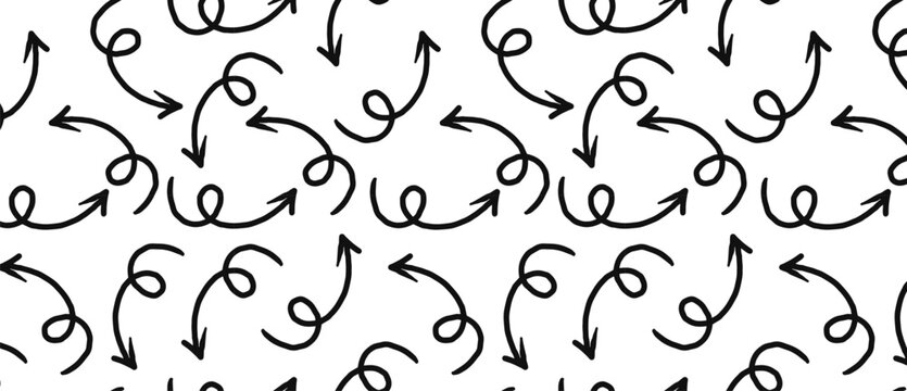 Abstract loopy arrows seamless pattern, hand drawn chaotic doodle background