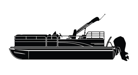 A black silhouette of a pontoon boat with an outboard motor and seating clearly defined against a white background silhouette © CreativeAkash099