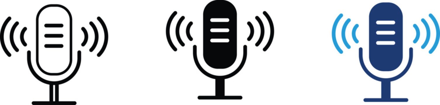 Microphone and voice recording icon set for UI design, podcast mic symbol with sound waves in outline, solid black, and blue styles for mobile app and web interface