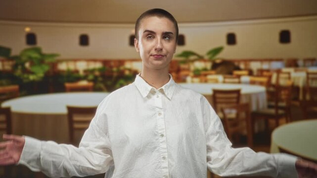 Woman with shaved head and visible face shrugging hands in a banquet building, wearing a white shirt and rolling eyes; indifference contemplation.