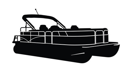A striking black silhouette depicts a pontoon boat with a canopy showcasing its distinct aquatic design silhouette high quality professional detailed © CreativeAkash099