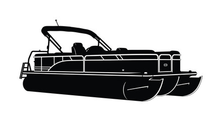 A detailed black silhouette of a pontoon boat with a canopy side railings and twin pontoons silhouette high quality professional modern © CreativeAkash099