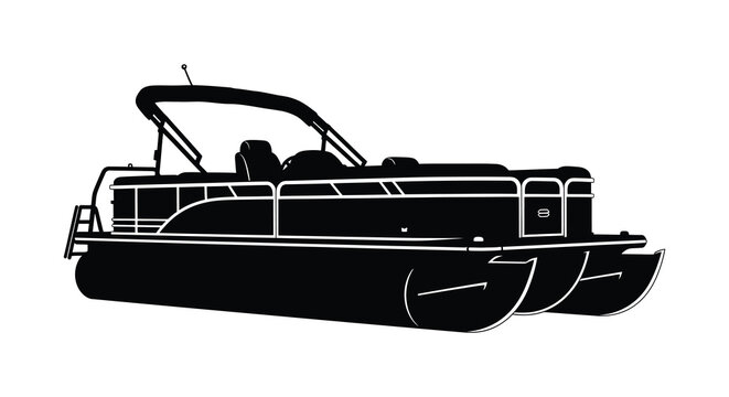 A detailed black silhouette of a pontoon boat with a canopy side railings and twin pontoons silhouette high quality professional modern