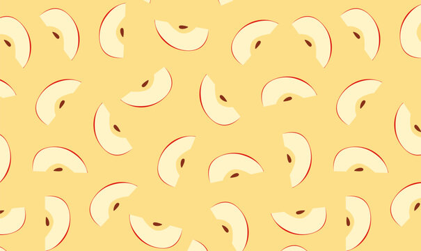 A minimalist vector seamless pattern of fresh red apple slices and fruit on a light yellow background. This flat illustration is perfect for fabrics, wrapping paper, packaging, wallpaper, and food 