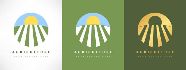 Agriculture logo vector. Agricultural fields, sky and sun.