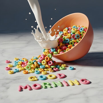 Milk pouring into bowl of colorful fruit loop cereal, forming "good morning" text