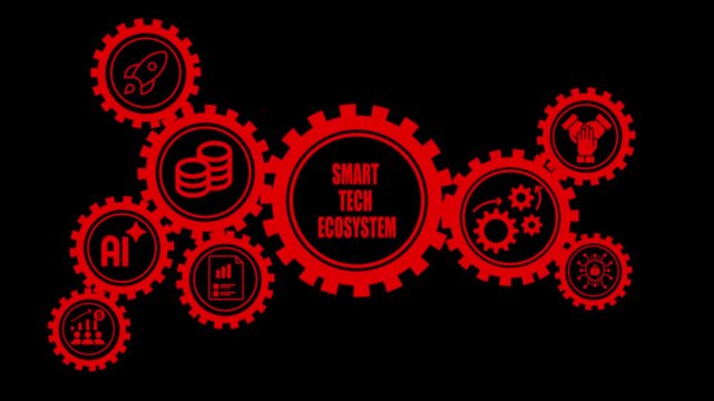 A network of red gears symbolizing a smart tech ecosystem with for AI rocket coins charts teamwork and growth on a black background Keywords: smart tech