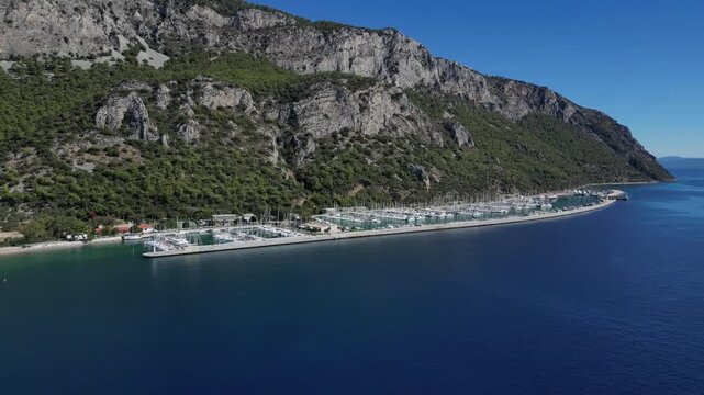 Aerial Approach to Mediterranean Yacht Marina in Oren Fethiye Turkey