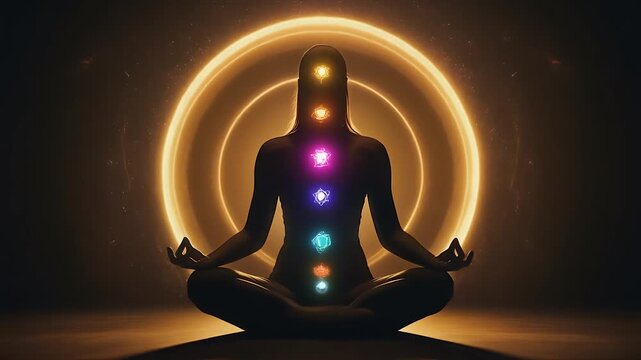Chakra Meditation Spiritual Energy Healing Wellness Balance Glowing Aura Silhouette.