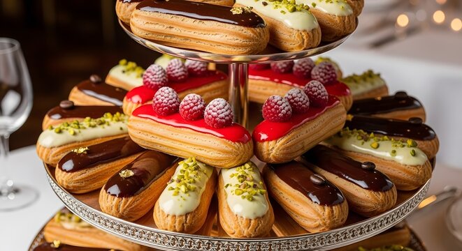 Delicious assorted eclairs displayed on a luxurious three tiered dessert stand