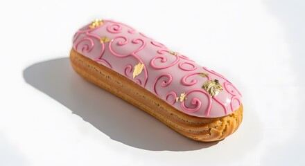 Delicate Pink Eclair Pastry with Golden Decorations on White Background
