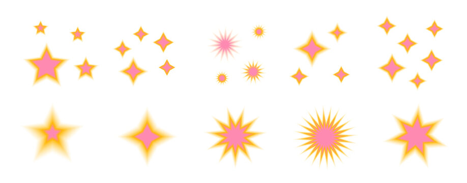 Transparent holographic star elements with iridescent mesh effects, featuring soft glitter accents and futuristic aesthetic for retro-modern creative project. Vector translucent starry set isolated.