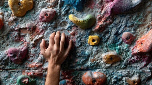 Vivid climbing challenges, Colorful grips and difficult overhanging routes demonstrated, Vividly colored holds and rugged textures contribute to demanding climbs on overhanging surfaces