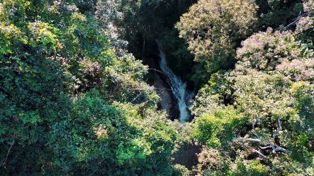 Aerial Mae Sae Waterfall cascading through jungle Chiang Mai Thailand