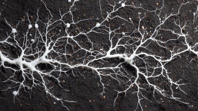 Parallel mycelium corridors on soil, twin networks run sidebyside with mirrored branching visual suggests comparative study of fungal growth patterns and landscapescale connectivity in ecology.