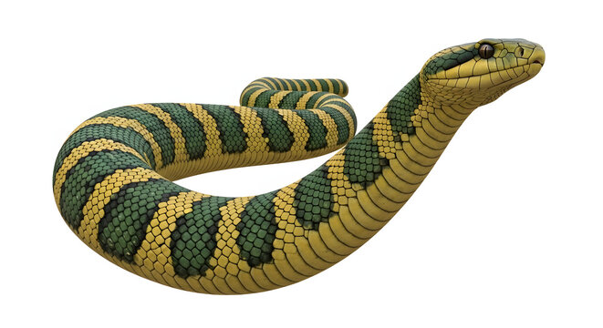 Green and Yellow Bush Viper Coiled in 3D Close-Up. Highly detailed 3D render of a striking green bush viper (Atheris squamigera or similar species) with vibrant yellow-green banding and scales
