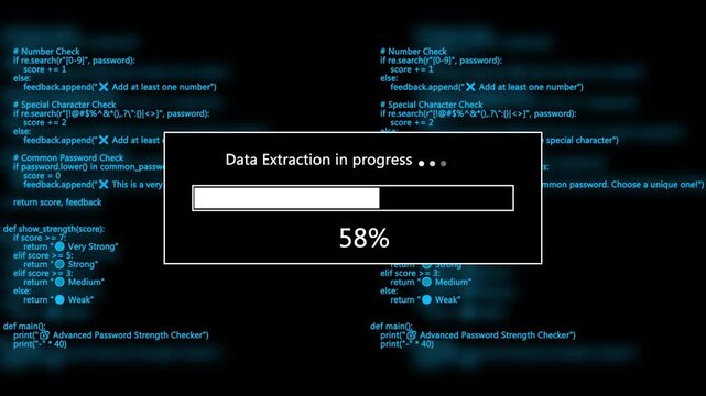 Computer screen showing data extraction code and progress bar
