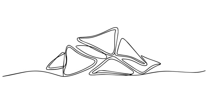 Pile of tortilla chips continuous one line drawing, Minimalist line art illustration of a pile of delicious tortilla, Continuous Line Drawing Depicting a Pile of Delicious Corn Torti, Simple line draw