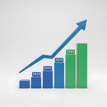 Three dimensional business bar chart showing rising trend from year 2023 to 2026 with arrow