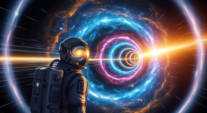 Astronaut Exploring Vibrant Cosmic Energy Portal.